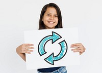 Woman holding placard with synchronize icon