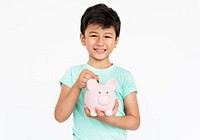 Boy Hold Piggy Bank Money Saving Concept