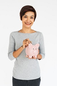 Asian Woman Smiling Happiness Piggy Bank Concept