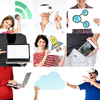 Set of Diversity People Using Digital Devices Technology Invention Studio Collage