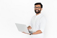 Indian man using computer laptop white background