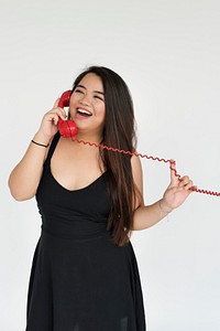 Asian Woman Smiling Happiness Telephone Communication Portrait Concept