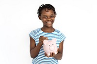 Little Girl Kid Adorable Cute Saving Piggy Bank Portrait Concept