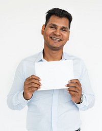 Man Smiling Happiness Placard Copy Space Portrait Concept