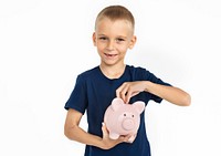 Little Boy Kid Adorable Cute Saving Piggy Bank Portrait Concept
