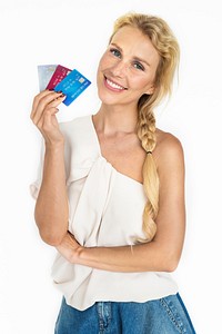 Blonde woman showing her credit cards
