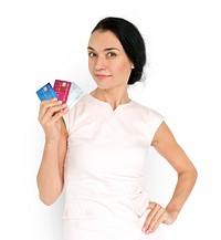 Women Adult Hold Credit Cards Concept