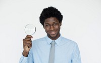 Businessman Holding Magnifying Glass Searching Vision Concept