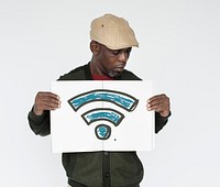African man holding placard with wifi icon