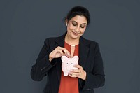Woman Smiling Happiness Piggy Bank Concept