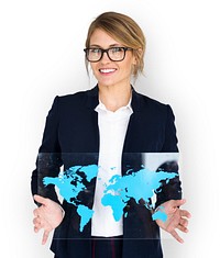 Businesswoman Smiling Happiness Global Business World Map