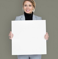 Businesswoman Smiling Happiness Holding Placard Copy Space Concept