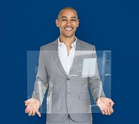 Businessman Smiling Happiness Holding Clear Placard Copy Space Concept