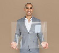 Businessman Smiling Happiness Holding Clear Placard Copy Space Concept