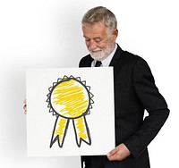 Senior businessman holding badge icon symbol