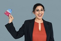 Indian Woman Credit Cards Smiling