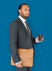 Indian Business Man Holding Bag and Coffee