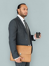 Indian Business Man Holding Bag and Coffee