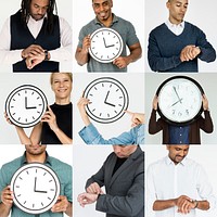 Set of Diverse People With Time Management Studio Collage