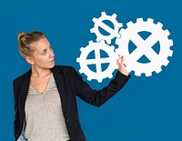 Businesswoman Holding Gear Symbol Connection Concept