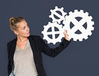 Businesswoman Holding Gear Symbol Connection Concept