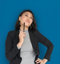 Young Asian Business Woman Thinking Pen