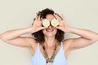 Woman Smiling Happiness Cover Eye Playful Lemon Portrait