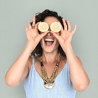 Woman Smiling Happiness Cover Eye Playful Lemon Portrait