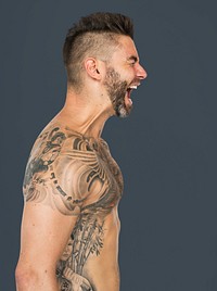 Caucasian Man Tattooed Chest Shouting