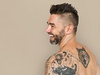 Caucasian Man Back Tattoo Smiling