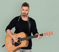 Men Musician Play Guitar Harmonica