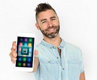 Bearded man holding a smartphone