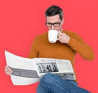 Man Reading Newspaper Information Coffee Drinking