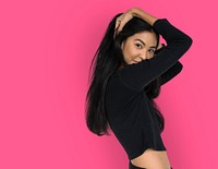 Young woman casual studio portriat in crop-top