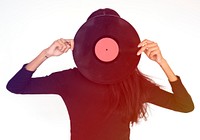 Woman Face Covered With Music Record Studio