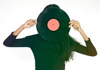 Woman Face Covered With Music Record Studio