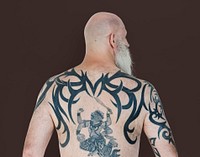 Senior Adult Man Rear View Hanuman Tattoo Spiritual Arts