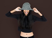 Young Women Hands On Hat Silly