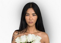 Woman Pierced Nose Ring Bare Chest Arts Flower Bouquet