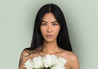 Woman Pierced Nose Ring Bare Chest Arts Flower Bouquet