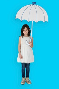 Portrait of a Little Caucasian Girl Smiling with an Umbrella Isolated