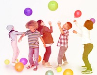 Group of young kids jumping and celebrating