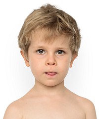 Little Boy Bare Chest Sticking Out Tongue Studio Portrait