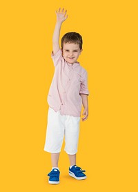 Caucasian Little Boy Cheerful Raising Hand