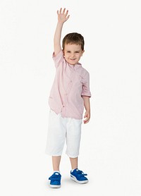 Caucasian Little Boy Cheerful Raising Hand