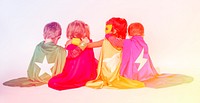 Group of superheroes kids with rear view