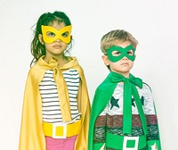 Buddy friends schooler wearing superheroes costume