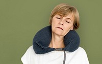 Senior Adult Woman Neck Pilow Comfortable Sleeping Concept
