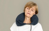 Senior Adult Woman Neck Pilow Comfortable Sleeping Concept
