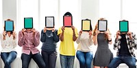 People holding colorful devices hiding their faces